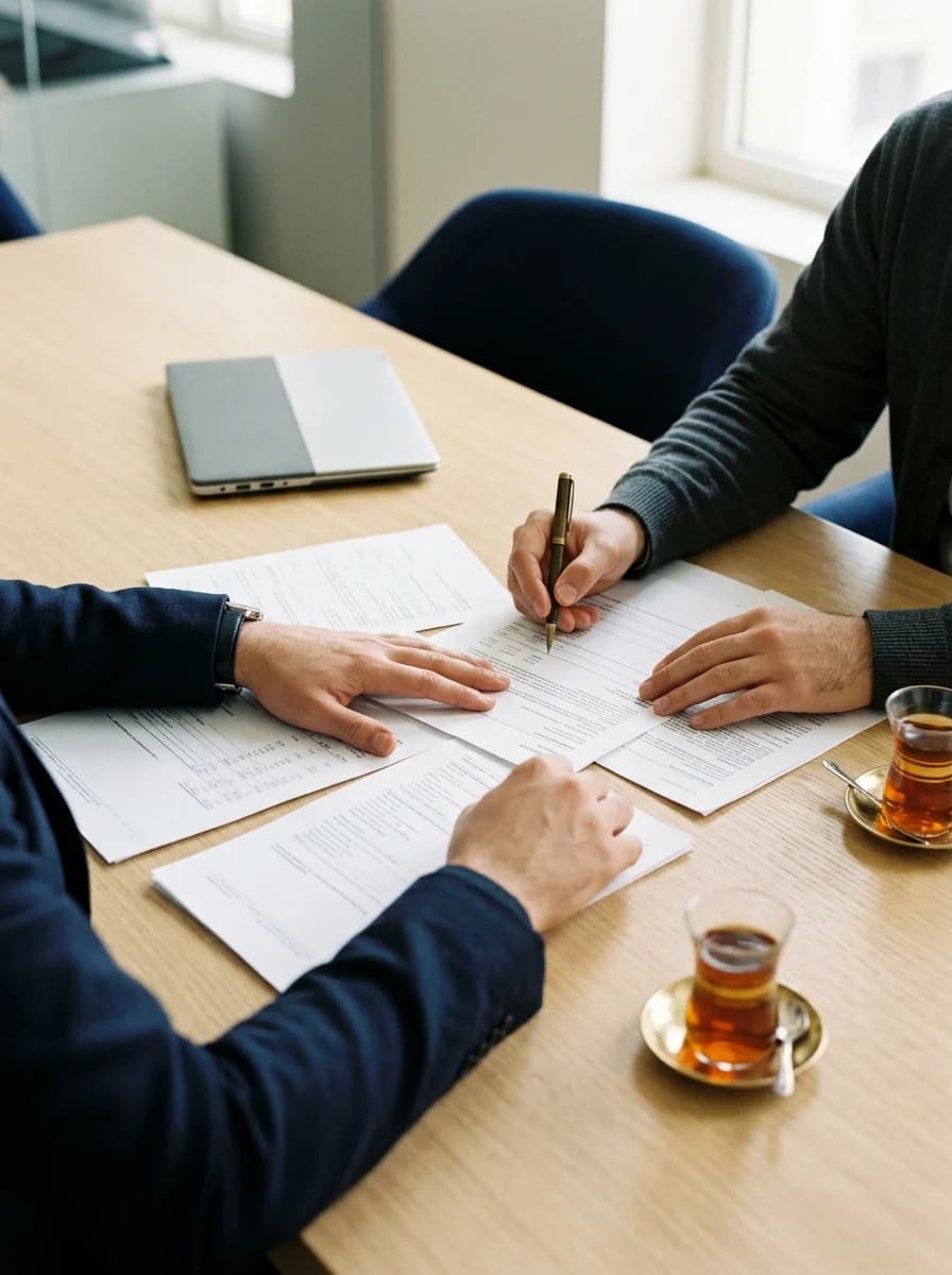Two colleagues reviewing printed financial documents across a meeting table at the Nozhan office