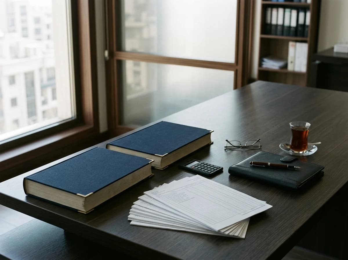 An accountant's desk with navy bound statutory ledgers, a calculator, printed financial statements and a glass of tea in morning window light